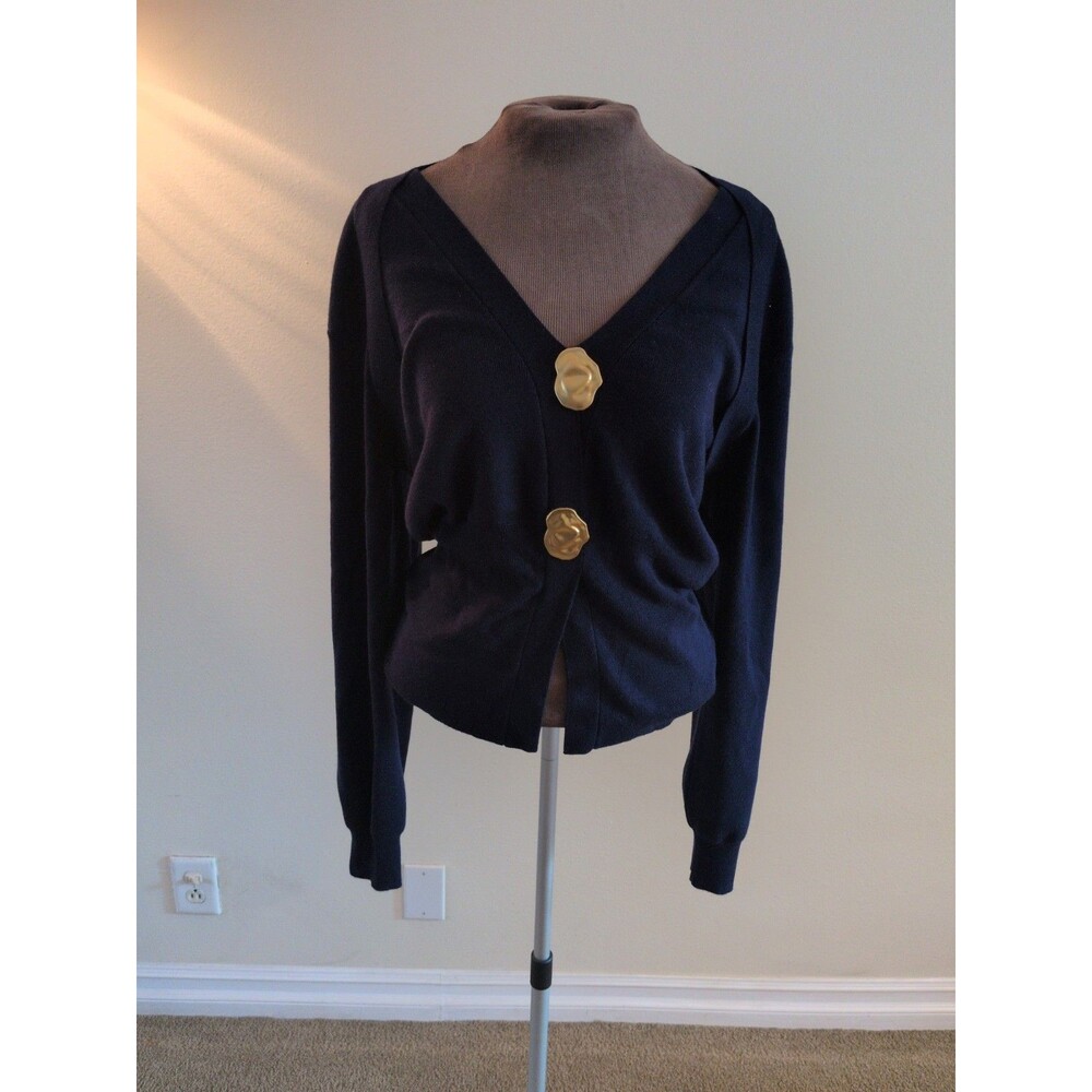 Commense Navy VeeNeck Wool Blend Sweater Med Gold Buttons Slouchy Fit